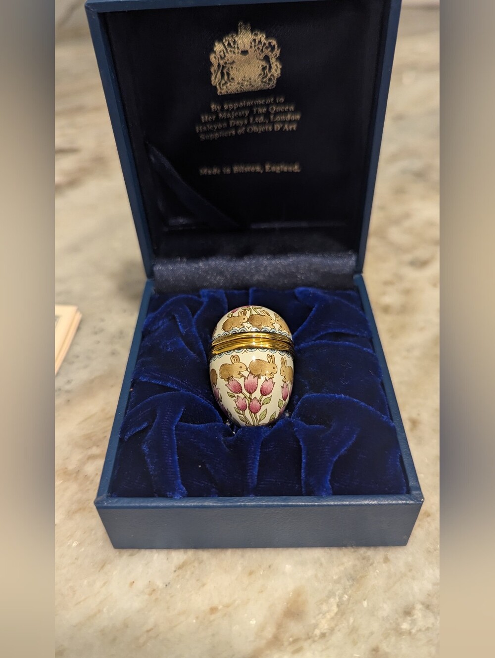 Halcyon Days Hand-Painted Enamel Floral & Bunny Egg Trinket Box - Pink and Gold - Picture 2 of 5